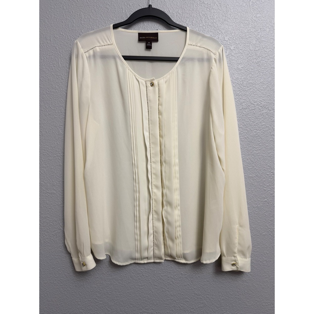Dana Buchman Cream Pleated Ladder Lace Blouse Size 14 Ivory Long Sleeve Chiffon